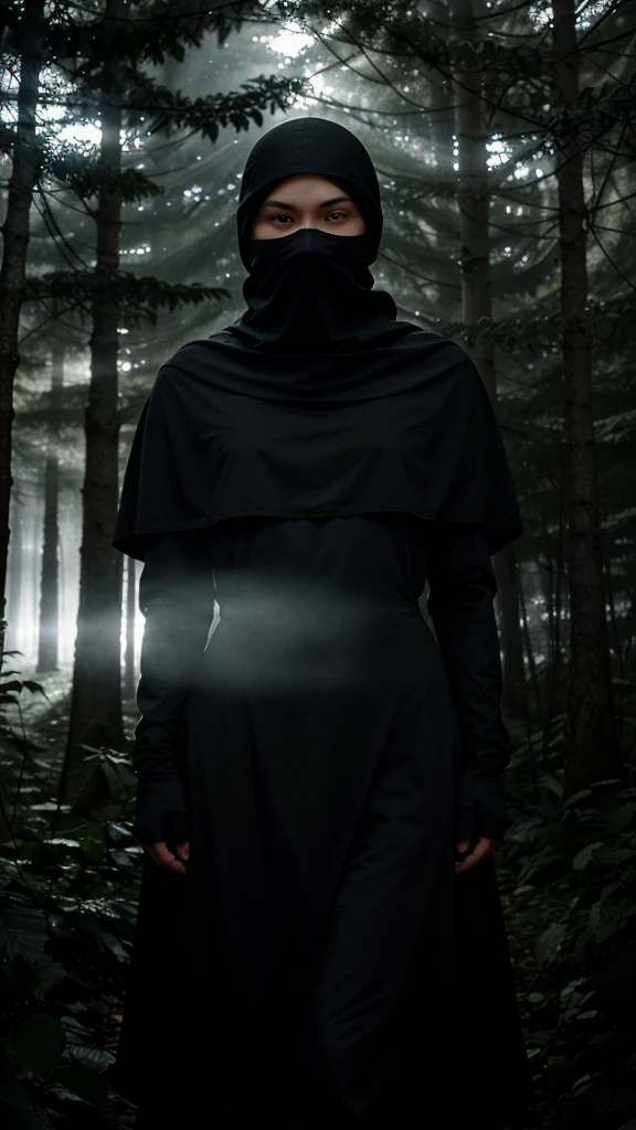 solitary figure wearing flowing lightweight black garments and a clearly visible balaclava, amidst a dense, mist-covered forest, towering trees and dense underbrush, rustling leaves and shadows, foggy ambiance, aura of mystery and loneliness, suspenseful and haunting, normal lens, ambient light filtering through the trees