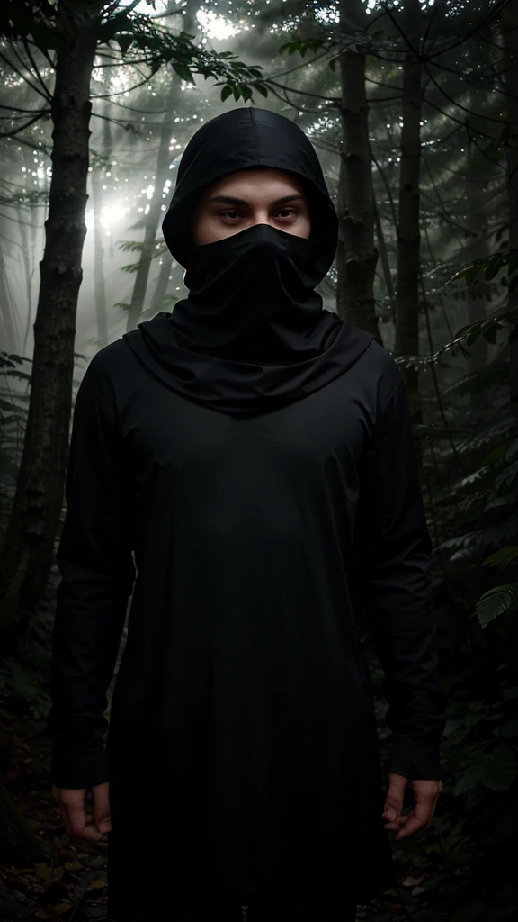 solitary figure wearing flowing lightweight black garments and a clearly visible balaclava, amidst a dense, mist-covered forest, towering trees and dense underbrush, rustling leaves and shadows, foggy ambiance, aura of mystery and loneliness, suspenseful and haunting, normal lens, ambient light filtering through the trees