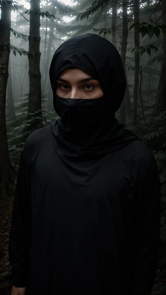 solitary figure wearing flowing lightweight black garments and a clearly visible balaclava, amidst a dense, mist-covered forest, towering trees and dense underbrush, rustling leaves and shadows, foggy ambiance, aura of mystery and loneliness, suspenseful and haunting, normal lens, ambient light filtering through the trees