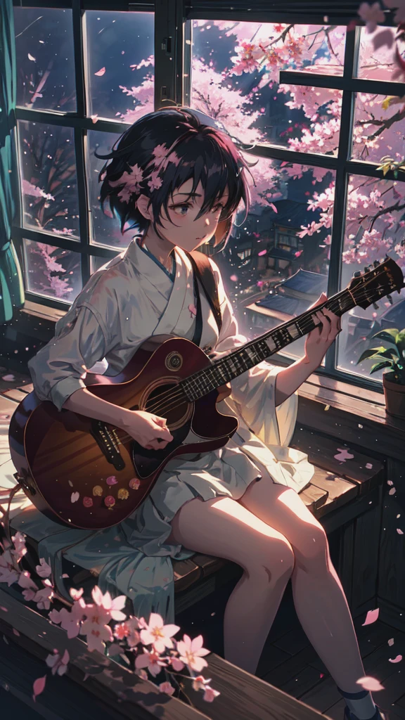 Anime girl sitting with a guitar on a window sill surrounded by cherry blossoms, sakura petals around her, sayori, Nightcore, play the guitar, Anime Cover, makoto shinkai. Digital Rendering, Lo-fi Girl, Makoto Shinkai&#39;s art style, Official artwork, Makoto Shinkai style, makoto shinkai!, I&#39;m playing the guitar, makoto shinkai!!