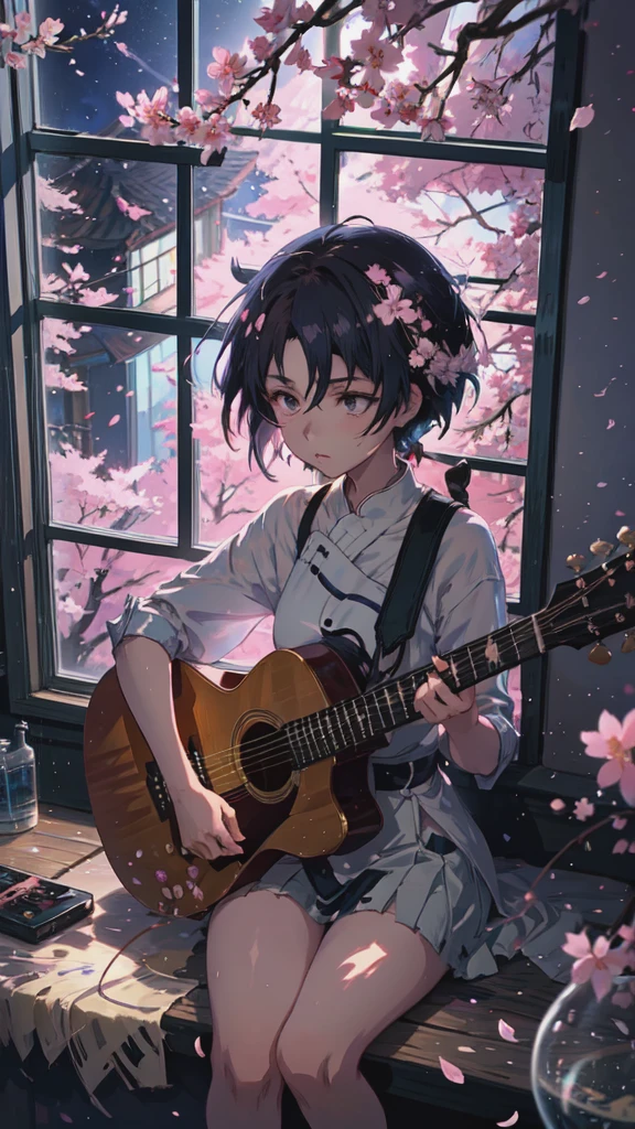 Anime girl sitting with a guitar on a window sill surrounded by cherry blossoms, sakura petals around her, sayori, Nightcore, play the guitar, Anime Cover, makoto shinkai. Digital Rendering, Lo-fi Girl, Makoto Shinkai&#39;s art style, Official artwork, Makoto Shinkai style, makoto shinkai!, I&#39;m playing the guitar, makoto shinkai!!