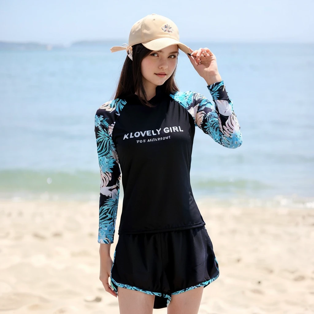 Woman wearing black and blue shirt and shorts on the beach, Wear a two-piece swimsuit, Cute girl wearing tank suit, Wearing a swimsuit, Attractive girl, High quality detailed, Beautiful lady, Thin waist, High quality details, Cute girl, Beautiful women, Young women, Female image, pretty, Lovely woman, Photos of slim girl models