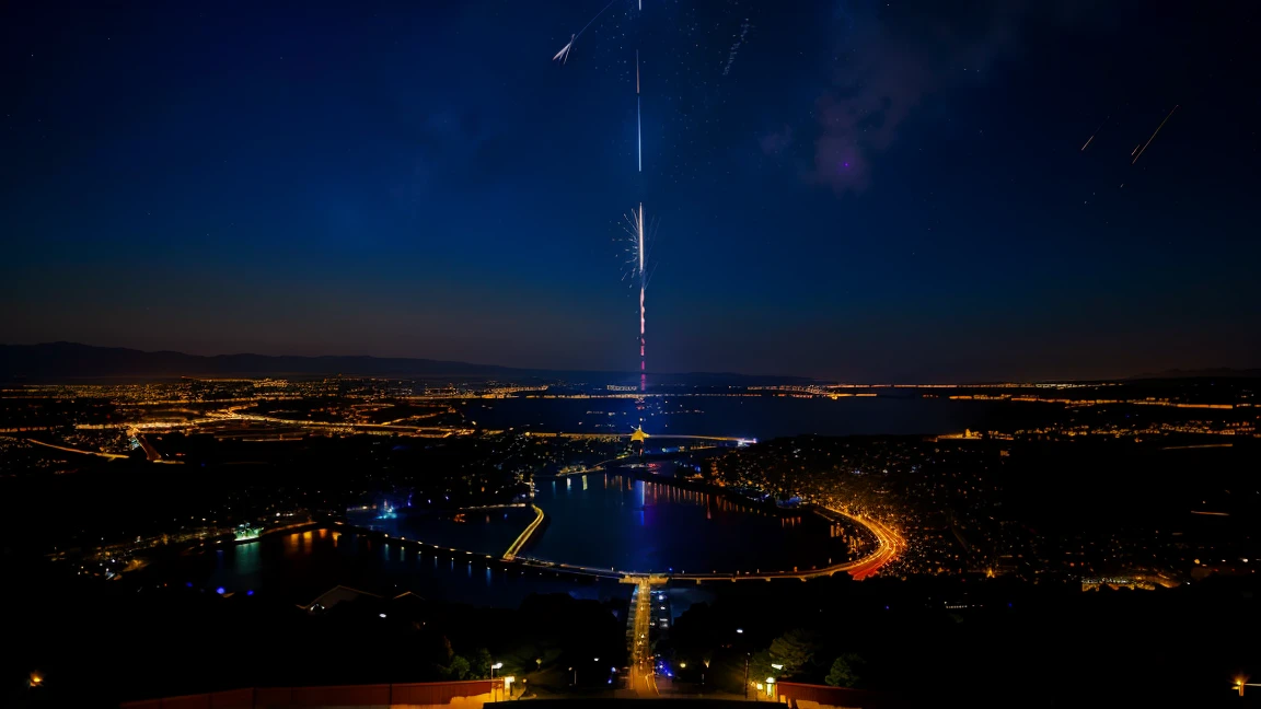 Night view、(The vast starry sky:1.4)、Shining Star、Seven colors of the galaxy、Fireworks Festival、Huge fireworks in the night sky、Beautiful skyline、Streets of Kyoto、Holy Land、Summer Festivals、Extremely tense and dramatic scenes、Moving visuals、high hanging Polaris、Colorful night with natural light