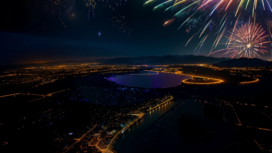 Night view、(The vast starry sky:1.4)、Shining Star、Seven colors of the galaxy、Fireworks Festival、Huge fireworks in the night sky、Beautiful skyline、Streets of Kyoto、Holy Land、Summer Festivals、Extremely tense and dramatic scenes、Moving visuals、high hanging Polaris、Colorful night with natural light