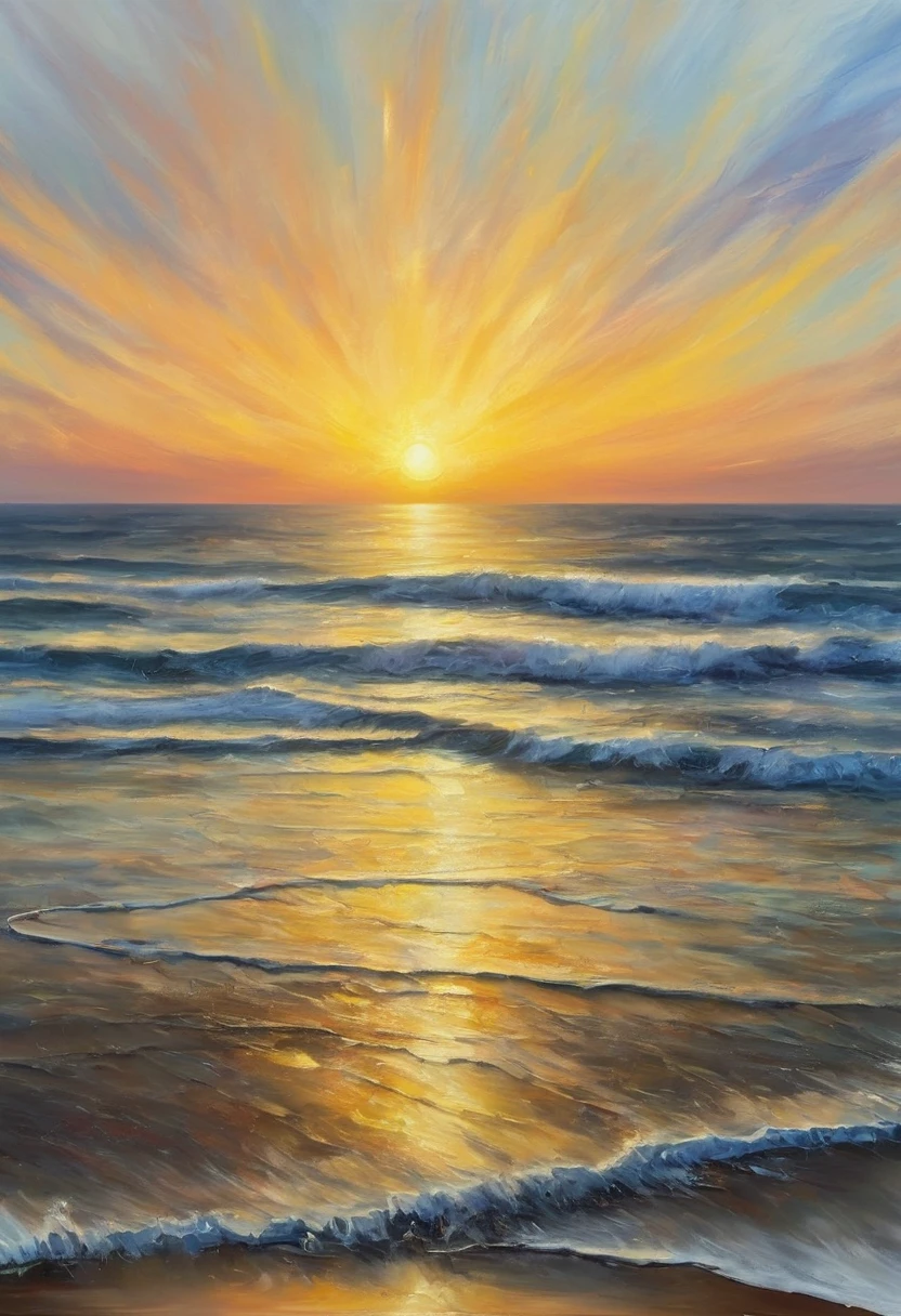 An oil painting,sunrise,Ocean,horizon,peaceful,easel