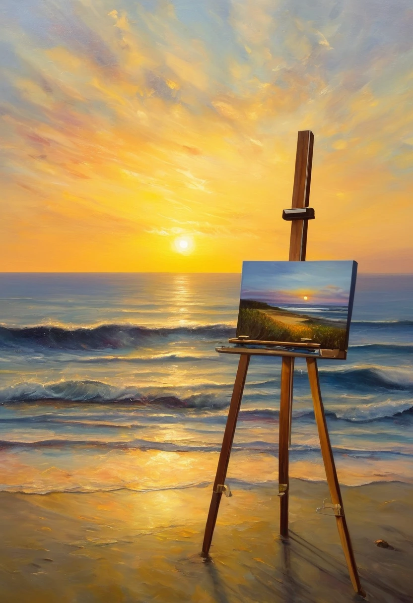 An oil painting,sunrise,Ocean,horizon,peaceful,easel