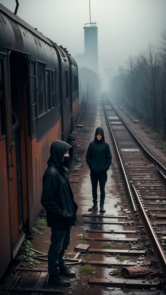 man in loose, lightweight black clothing, wearing a prominently visible balaclava, standing on an abandoned, decaying train platform, old, rusted tracks, overgrown weeds, broken benches, eerie atmosphere, sense of mystery and solitude, suspenseful mood, wide-angle lens, soft lighting
