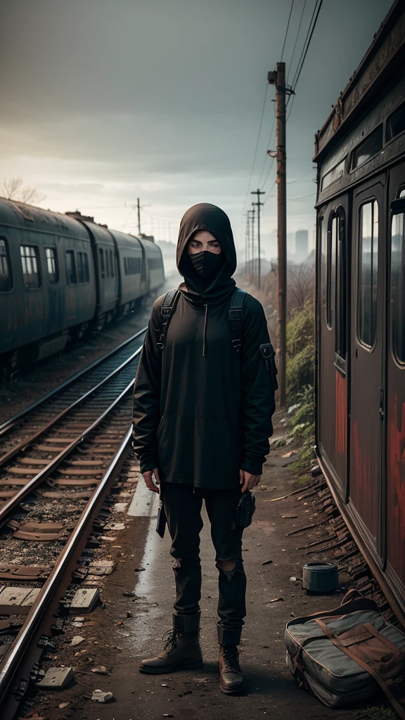 man in loose, lightweight black clothing, wearing a prominently visible balaclava, standing on an abandoned, decaying train platform, old, rusted tracks, overgrown weeds, broken benches, eerie atmosphere, sense of mystery and solitude, suspenseful mood, wide-angle lens, soft lighting