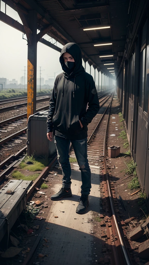 man in loose, lightweight black clothing, wearing a prominently visible balaclava, standing on an abandoned, decaying train platform, old, rusted tracks, overgrown weeds, broken benches, eerie atmosphere, sense of mystery and solitude, suspenseful mood, wide-angle lens, soft lighting