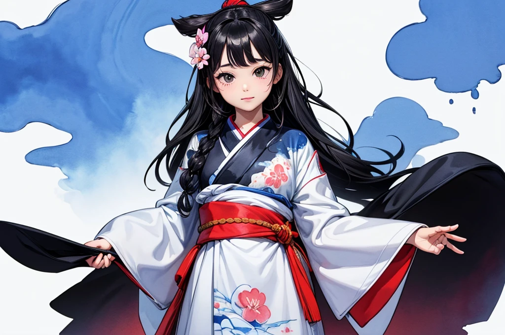 stechu,(white background:1.4), ((tachi-e)), original,(illustration:1.1),(best quality),(masterpiece:1.1),(extremely detailed CG unity 8k wallpaper:1.1), (colorful:0.9),(panorama shot:1.4),(solo:1.2), (ink splashing),(color splashing),((watercolor)), clear sharp focus,{ 1girl standing },((korean style )),flower background,outdoors,rocks, looking at viewer, make happy expressions,soft smile,pure,beautyfull detailed face and eyes,beautyfull intricacy clothing decorative pattern details, black hair,black eyes,