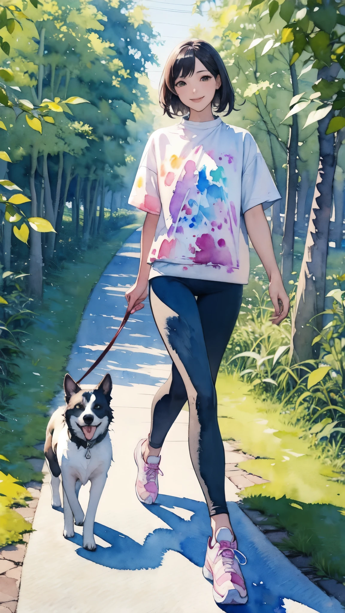 (masterpiece),(Highest quality:1.2),(Very detailed:1.2),(High resolution),(((watercolor))),8K,A woman walking along a row of fresh green trees,leggings,sneakers,Walking with a small dog,透明watercolor,(smile)