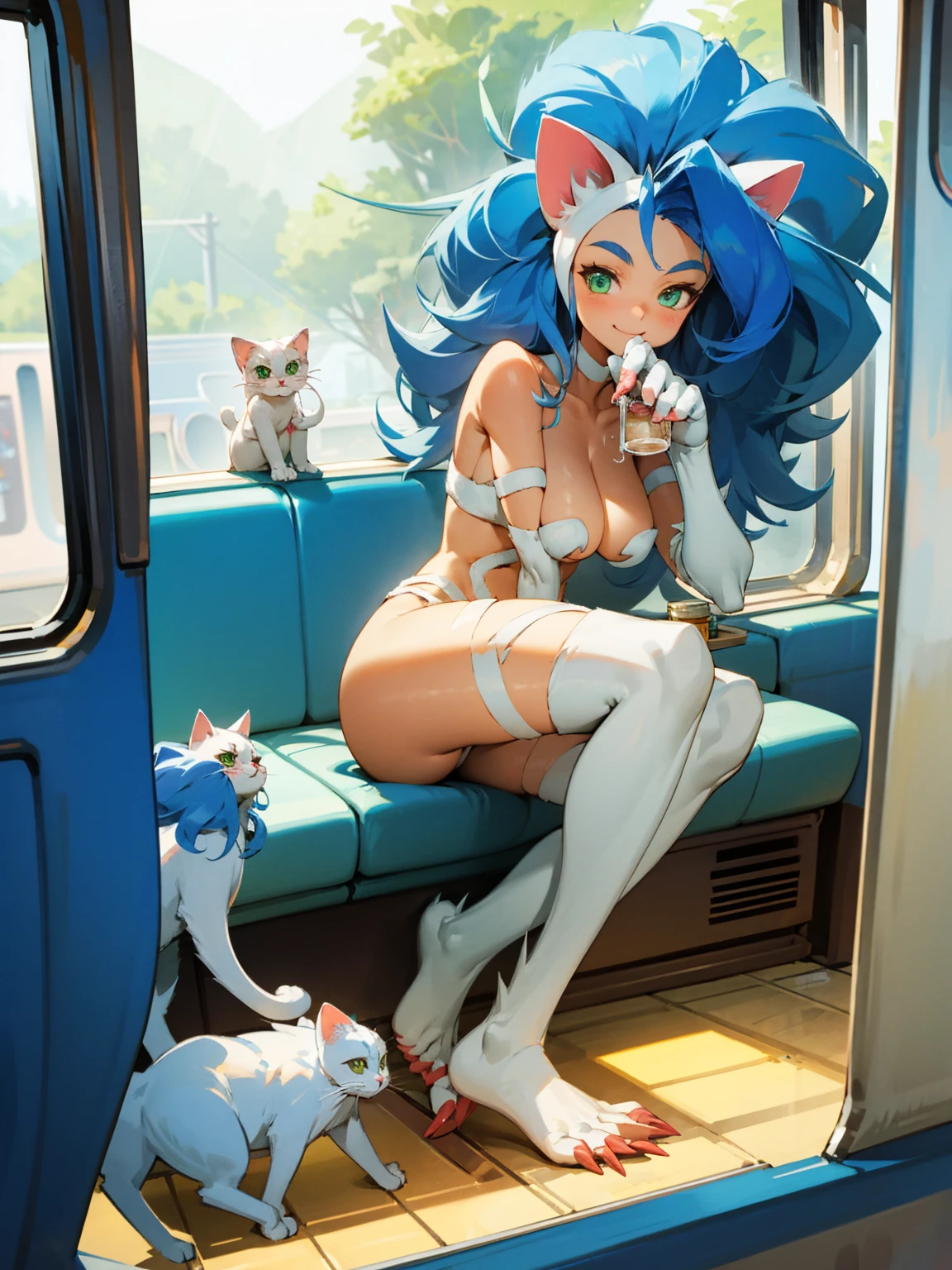 Felicia, blue hair, green eyes, cute smile, happy, big breats, big ass, in a train with a cat theme, sitting in a table drinking milk.