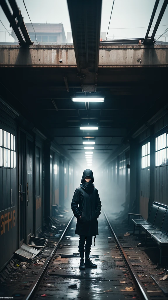 solitary figure wearing flowing lightweight black garments and a clearly visible balaclava, on a deserted, dilapidated train station platform, rusty tracks and overgrown weeds, shattered windows and graffiti, foggy ambiance, aura of mystery and loneliness, suspenseful and haunting, normal lens, ambient lighting