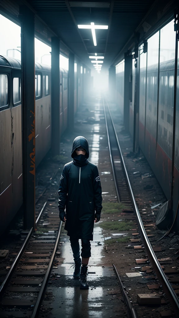 solitary figure wearing flowing lightweight black garments and a clearly visible balaclava, on a deserted, dilapidated train station platform, rusty tracks and overgrown weeds, shattered windows and graffiti, foggy ambiance, aura of mystery and loneliness, suspenseful and haunting, normal lens, ambient lighting