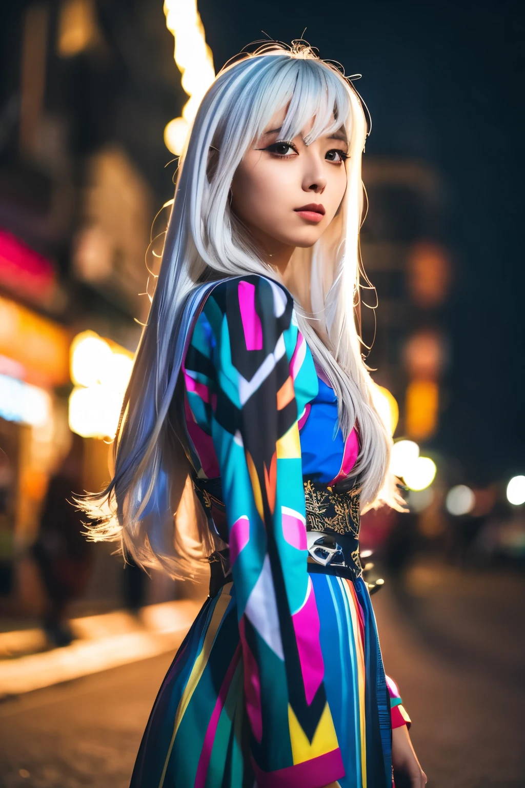 Masterpiece, high quality, high resolution, 8K, (solo:1.2), ((1girl)), Japanese woman, detailed face, detailed eyes, correct body structure, upper body, ((White hair:1.2)), very long hair, messy hair, slender body, seductive silhouette, luminous bones, depth of field, dark photo at nighttime, dimly lit, bangs, Cinematic Lighting, Tyndall effect, abstract background, futuristic outfits, vibrant colors, modern style, wide sleeves, artistic, unique patterns, colorful, stylish, trendy