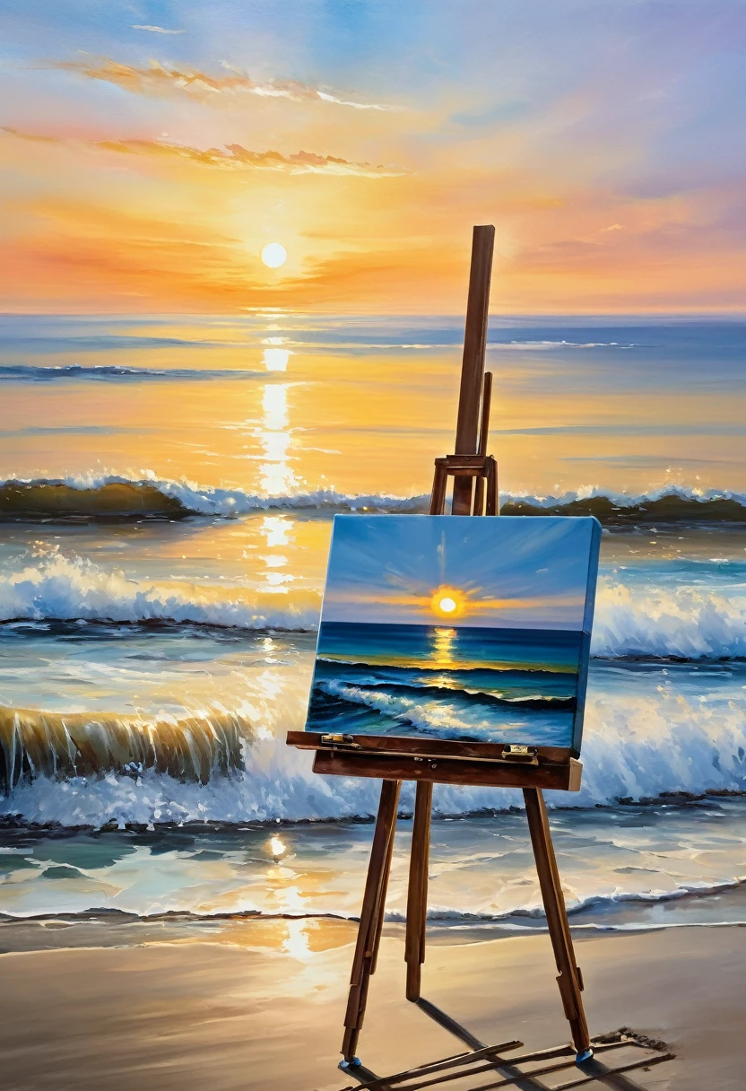 An oil painting,sunrise,Ocean,horizon,peaceful,easel