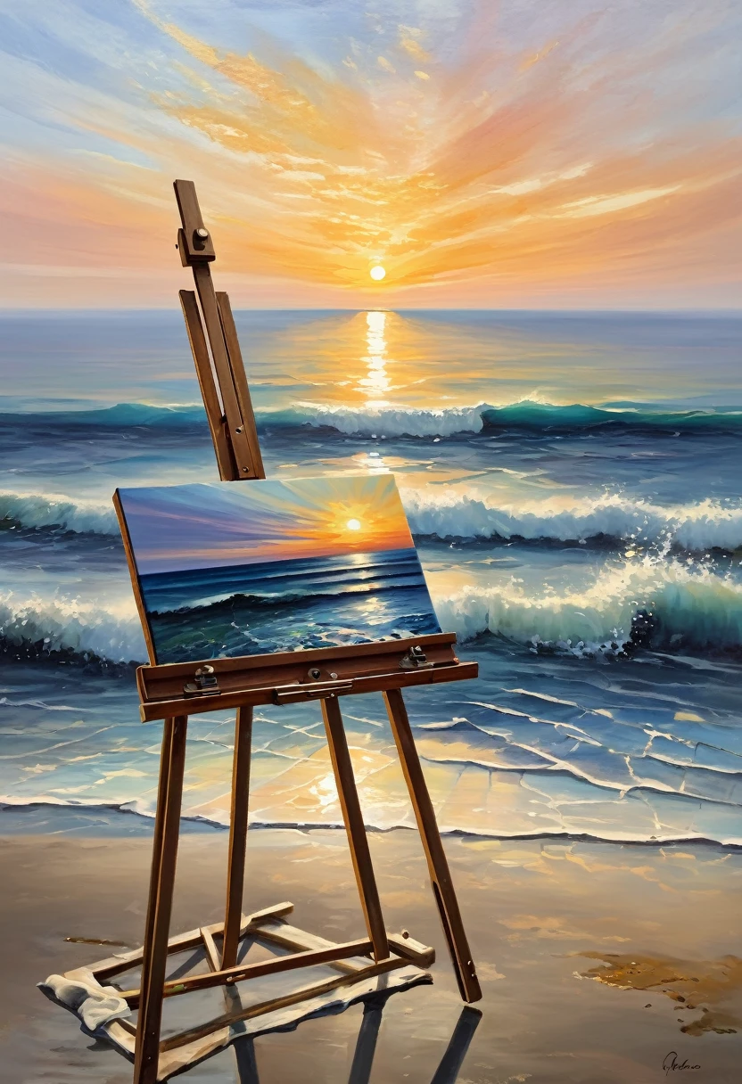 An oil painting，sunrise，Ocean，horizon，peaceful，easel