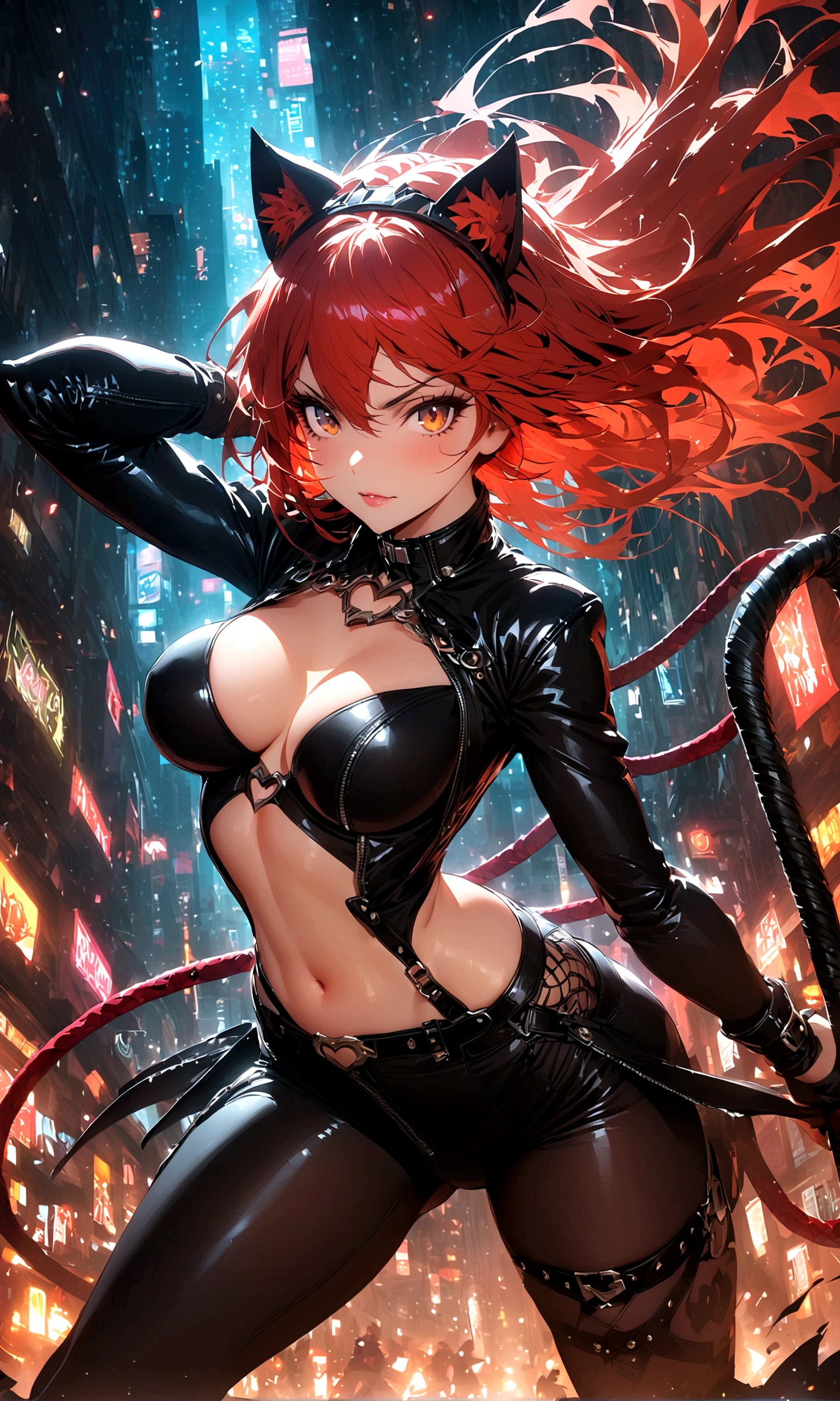 woman,Night city,wind,披wind,Black leather jacket,Catwoman,Rogue,Whip,((插画wind格))