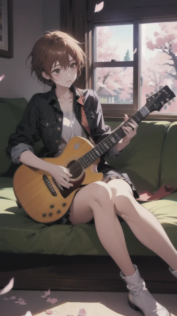 Anime girl sitting with a guitar on a window sill surrounded by cherry blossoms, sakura petals around her, sayori, Nightcore, play the guitar, Anime Cover, makoto shinkai. Digital Rendering, Lo-fi Girl, Makoto Shinkai's art style, Official artwork, Makoto Shinkai style, makoto shinkai!, I'm playing the guitar, makoto shinkai!!