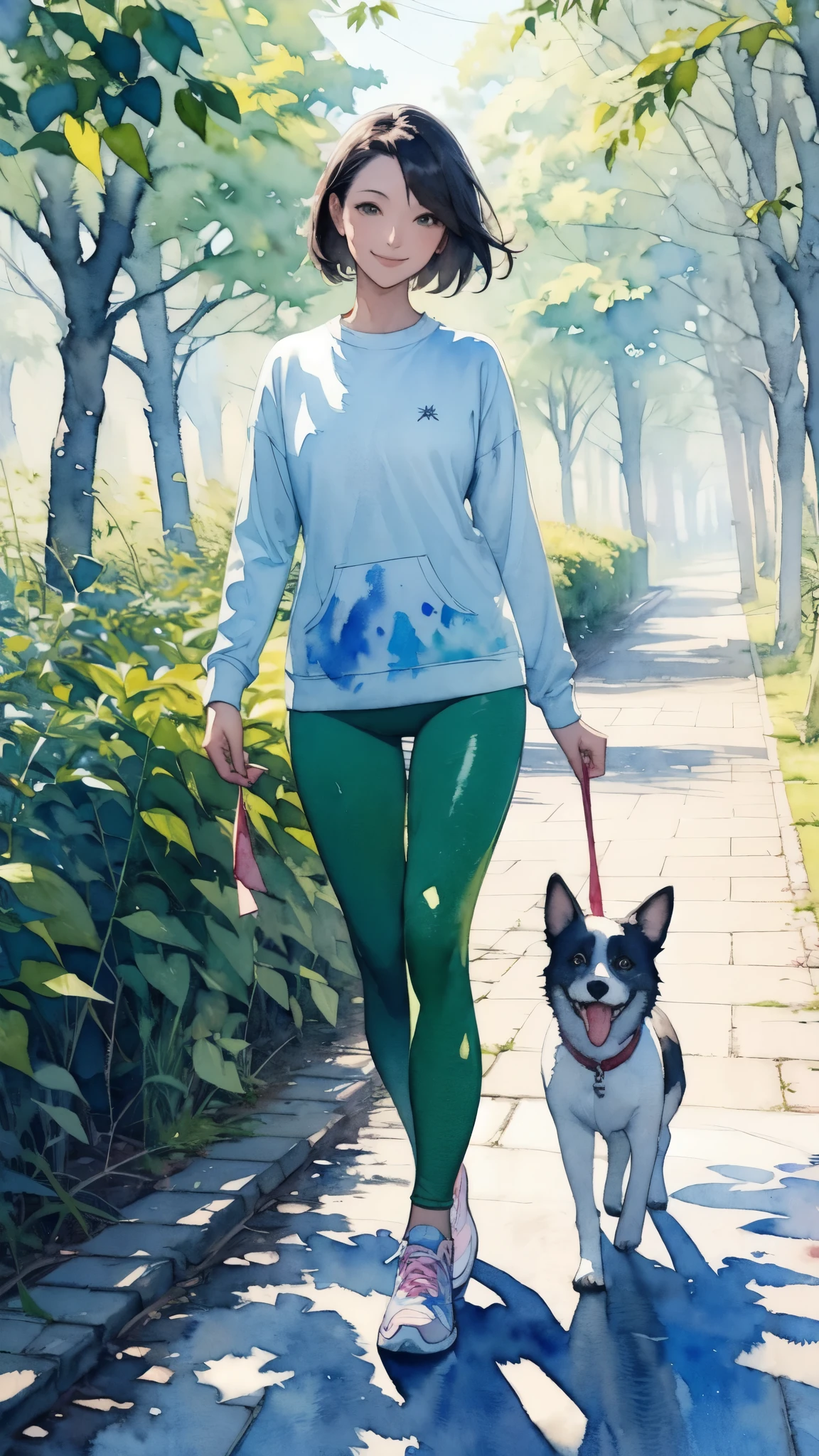 (masterpiece),(Highest quality:1.2),(Very detailed:1.2),(High resolution),(((watercolor))),8K,A woman walking along a row of fresh green trees,leggings,sneakers,Walking with a small dog,透明watercolor,(smile)