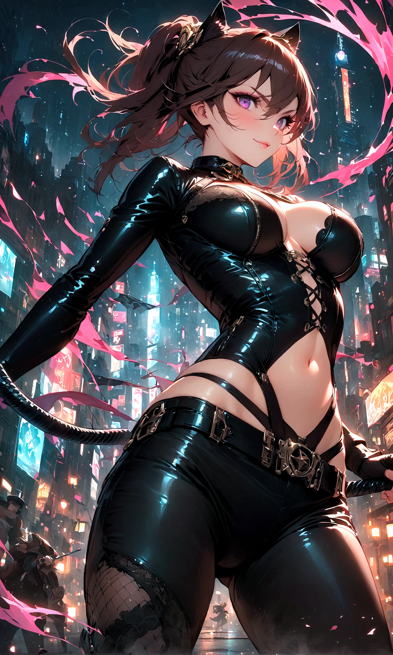 woman,Night city,wind,披wind,Black leather jacket,Catwoman,Rogue,Whip,((插画wind格))