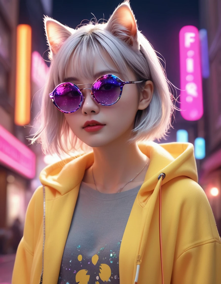 In a strange and lovely cafe, Furry kitten, crafted from Very detailed curling, Thin glowing colored smoke, Wear a rose hoodie，Wear Fashion、interesting、Giant shiny sunglasses. Against a backdrop of energetic neon format spelling VIKUSIA, Fainoho Today, Capture its magic in a digital art masterpiece. Incorporate volumetric 3D renderinging, octane rendering, and energetic graffiti elements to create a fantasy illustration that showcases its Fashion-forward style. Make it pop with a posters-worthy 3D rendering that embraces the essence of this captivating character ((Stunning and alluring views)). 3d, Very detailed, sharp focus, 8K, super quality, ultra high definition, crystal clear, bokeh. Black magic Pocket Cinema Camera 6K Pro 配备 Sigma 18-35mm f/1.8 DC HSM Art Lenses for Canon EOS 5D Mark IV Camera，With Canon EF 24-70mm f/2.8L II USM lens--ar 9:16 -- 5 o&#39;clock.2 --750, architecture, energetic, wildlife photography, portrait photography, Fashion, cinematic, format, 3D rendering, posters, photo