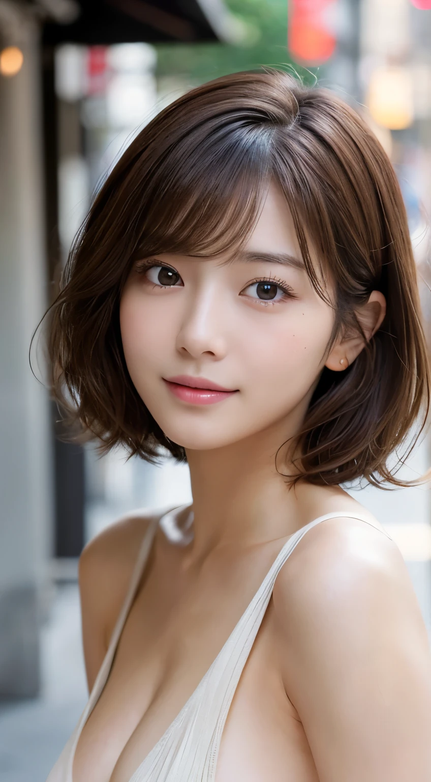 (Highest quality,8K quality,masterpiece:1.3,),(超A high resolution:1.3,Photorealistic:1.4,Raw photo:1.2),(Ultra-detailed:1.2,Glowing Skin,Detailed skin:1.1),(Detailed face,Perfect Anatomy,Caustics:1.2), (Symmetrical eyes:1.3),1 girl,cute,Japanese,22 years old,Japanese Ido,Natural brown hair,Short hair curled outwards,cute目,Natural Makeup,Laughter,Looking at the camera,On the face,Face Focus,Street Corner,Professional Writing,Natural soft light,Completely naked,NSFW,Completely naked
