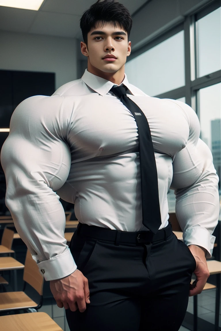 1 handsome young man, (brutalmass:1.55), (Asian: 1.7), model, detailed perfect face, (crew cut hair: 1.11), (extremely wide and broad shoulders, muscular, giant muscles: 1.331), (long sleeve white button-up shirt, black tie, black pants: 1.555), realistic skin, standing, indoors, (ultra realistic, detailed, high quality, 8k image quality, finely detailed, masterpiece, best quality: 1.2), looking at camera