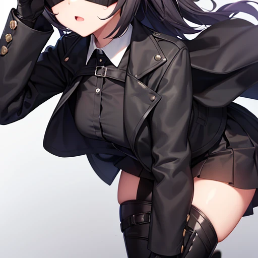 Women, black blindfolds , small smile, black jacket, White shirt, short black skirt, metallic boots, (black knuckleless gloves).