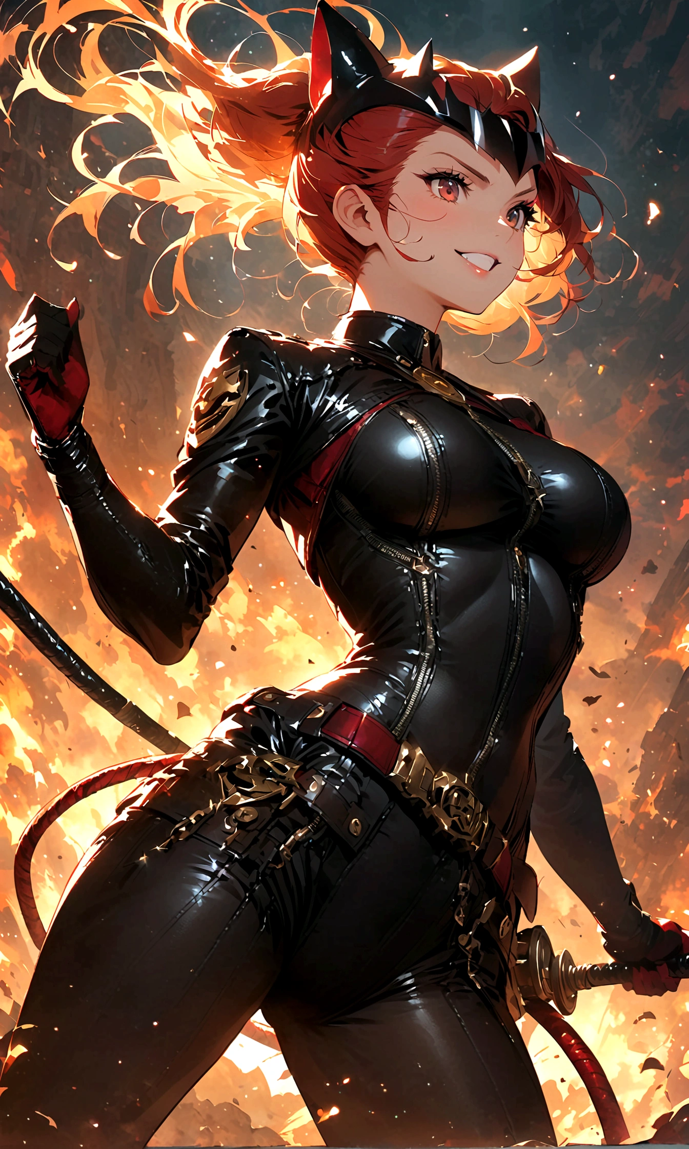 woman,wind，披wind，Black leather jacket，Catwoman，Rogue，Whip，((插画wind格))