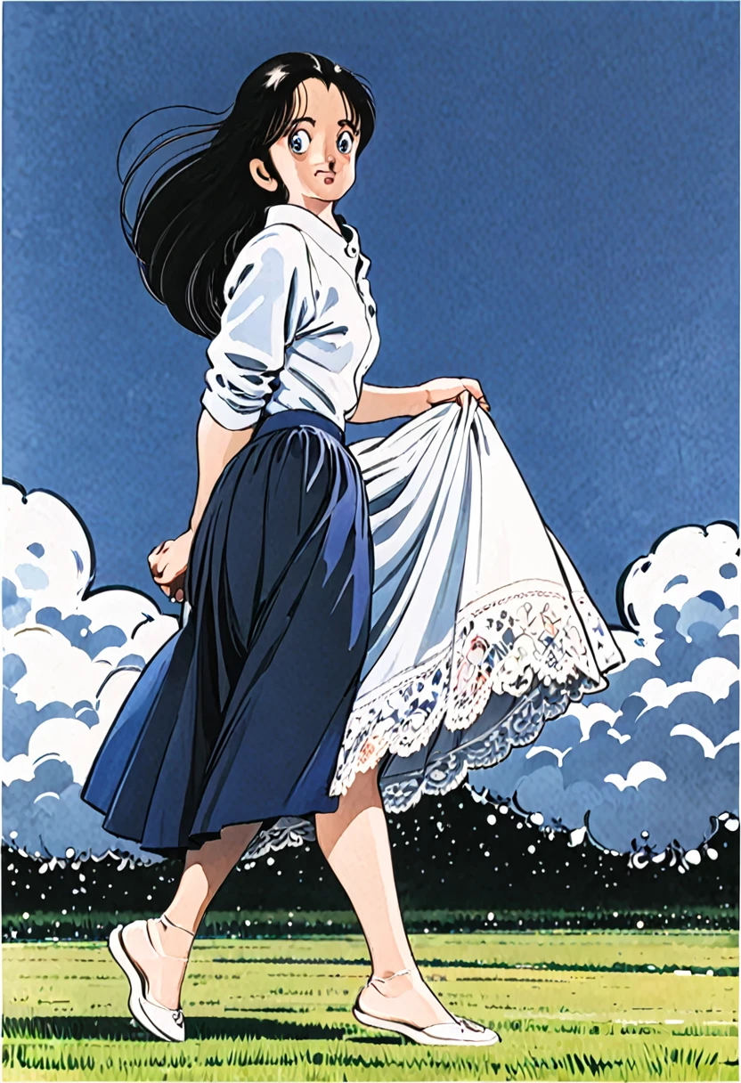 音無響子制服のLong skirt、The color is dark blue、
Low - Angle、
Low - Angle、Long skirt、Hold down your skirt that is being blown up by the strong wind、Anime white panties in a strong wind、Crotch is visible
ローレグのパンツ、Color: White、
Crotch is visible、
、Lined、White lace lining、