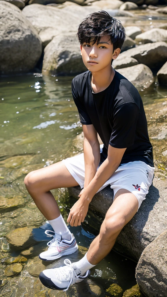 full body portrait photo with natural effect. clothes: no shirt, white volleyball shorts. shoes: wearing black shoes. situation: Handsome Indonesian young man sitting Was lying in the river with his clothes wet from the river water facing the camera.