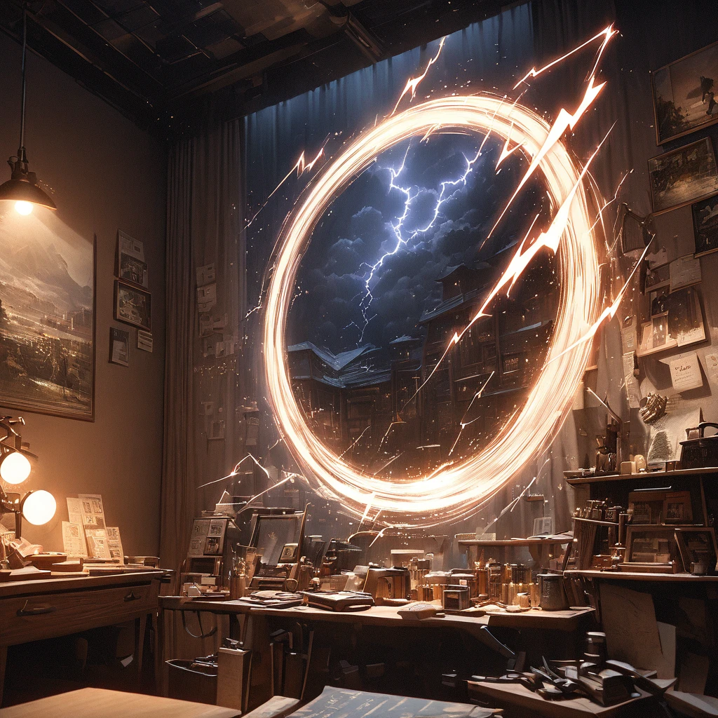 In a dimly lit room,An artist uses lightbulb patterns and lightning effects to create mesmerizing light trail art。Artist waving his tools in the air,Leaving behind delicate and complex arcs and flashes,Forming text。The work is extremely rich in details,A superbly detailed masterpiece,Lightning trails capture every detail with realistic, photo-realistic quality。