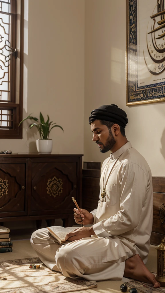 
A Muslim man is sitting in a bright room filled with books and stationery. He looks solemnly reading verses from the Koran open in front of him, while holding prayer beads in his other hand. Around it there are softly burning candles and ornamental plants which add to the calm atmosphere. In the background, beautiful Arabic calligraphy paintings can be seen on the white walls. very realistic, high resolution, 8k resolution, intricate details, dramatic