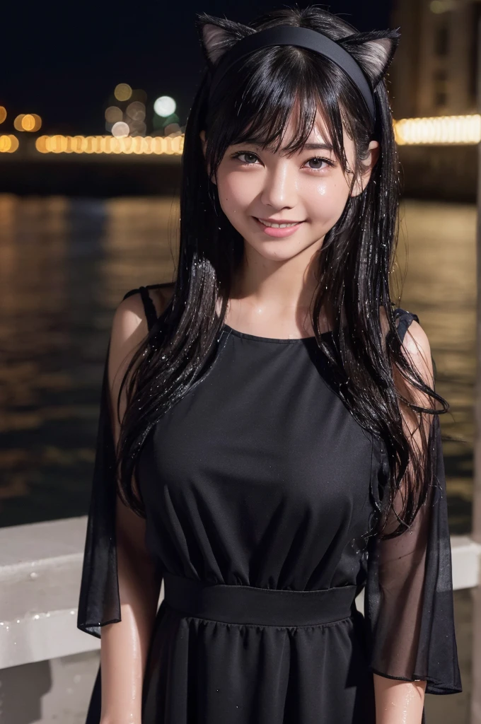 (Night in the City、Highest quality、masterpiece、High resolution))、(((Zoom photo of upper body、Wet body、Wet Hair)))、(A shy smile:1.2)、-yeld fee、Beautiful Skin、Beautiful Eyes、Large Breasts、Cat Ear Headband、Black Dress、Black Hair、Wavy Hair、Shorn bangs