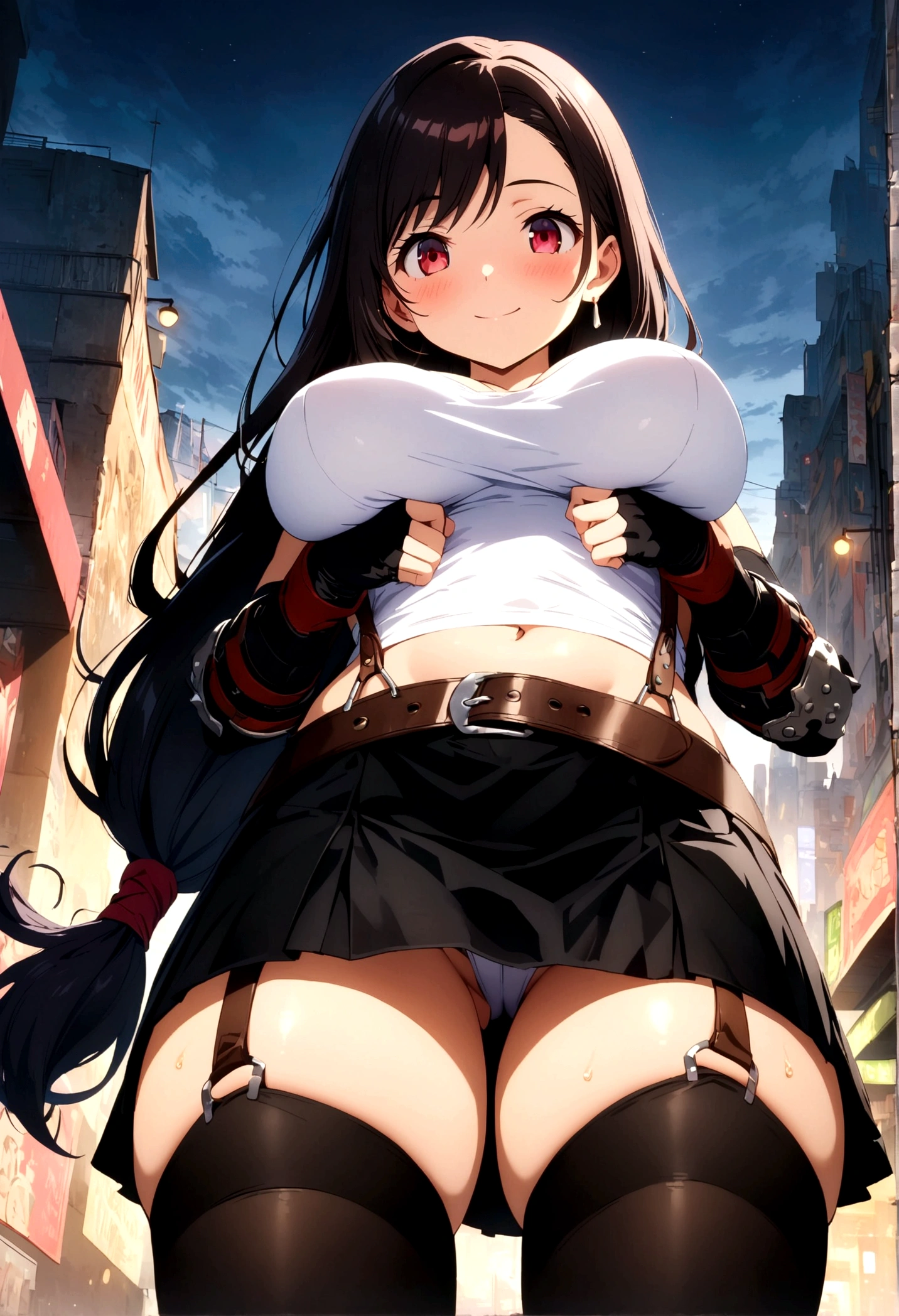 score_9, score_8_up, score_7_up,4k, ,BREAK , from below,from front,breast focus,standing,straight-on,(breast suppress,),,(medium shot),looking_at_viewer ,1girl, tifa lockhart, final fantasy, tareme,black hair, low-tied long hair, red eyes, bangs, white tank top, belt, pleated skirt, thighhighs, elbow fingerless gloves, elbow pads, midriff, navel,suspender skirt ,big_breasts,(light smile),Curvy waist ,Solo,,(midnight and beachside and city),Toned,,detailed skin,(best quality),(aesthetic,very aesthetic),masterpiece, highres,4k,(ultra-detailed:1.4) (illustration:0.4), (ray tracing,:0.7),(anime colored:0.7),(ai-generated:0.5), (anime screencap:0.8),