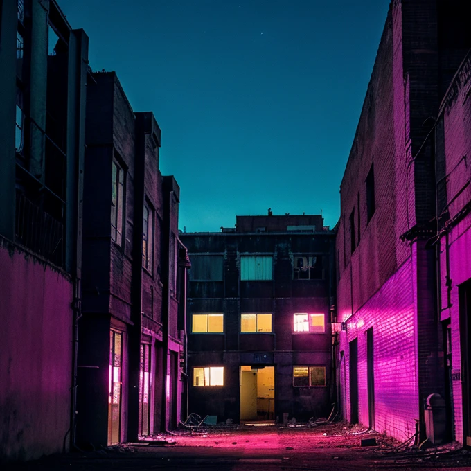 An abandoned factory in the middle of the city at midnight, estilo synthwave, hiperrealista, con un letrero que diga factory, el color principal es el aqua
