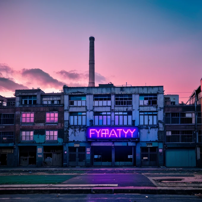 An abandoned factory in the middle of the city at midnight, estilo synthwave, hiperrealista, con un letrero que diga factory, el color principal es el aqua