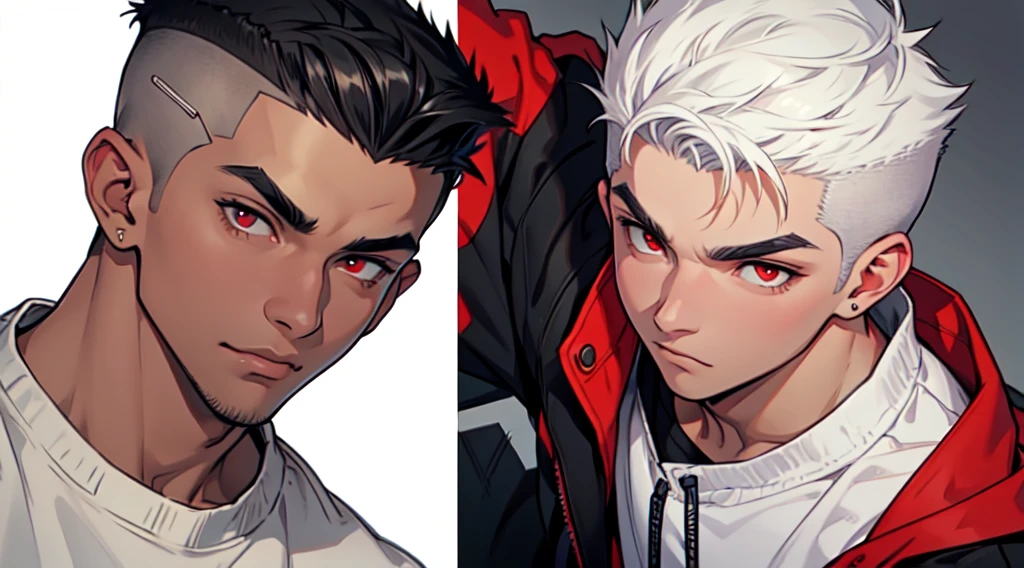 20-year-old man, short hair on the sides and high top, white hair, red eyes, thick black eyebrows, wearing sweatshirt, sharp, fine features, precise features