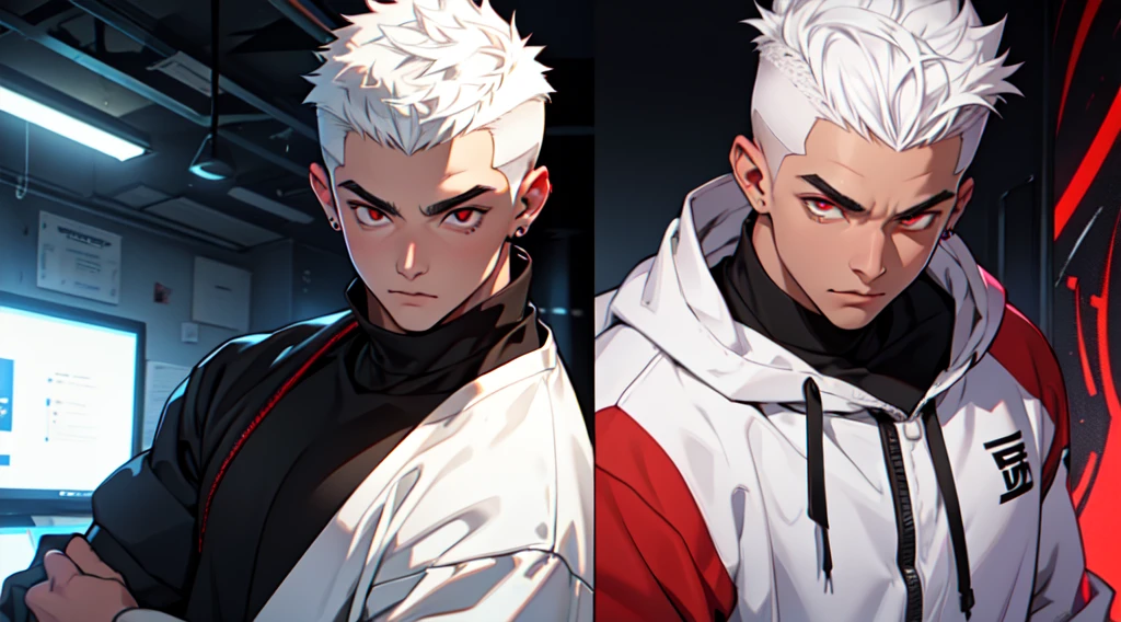 20-year-old man, short hair on the sides and high top, white hair, red eyes, thick black eyebrows, wearing sweatshirt, sharp, fine features, precise features