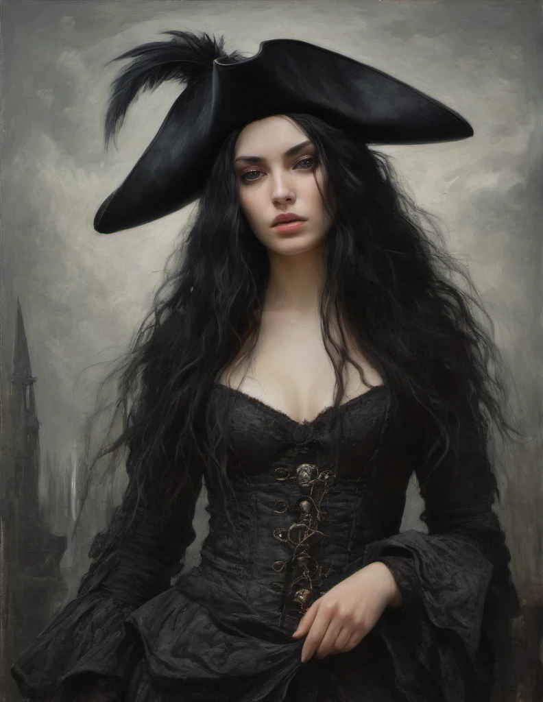 James Gurney, Surrealist art , dream-like, Mysterious, Provocative, symbolic, Complex, detailed,, (Gothic but very beautiful:1.4), (masterpiece, highest quality:1.4) , Nicola Samori Style, young girl with long black hair, gray eyes, pirate coat, tricorn
