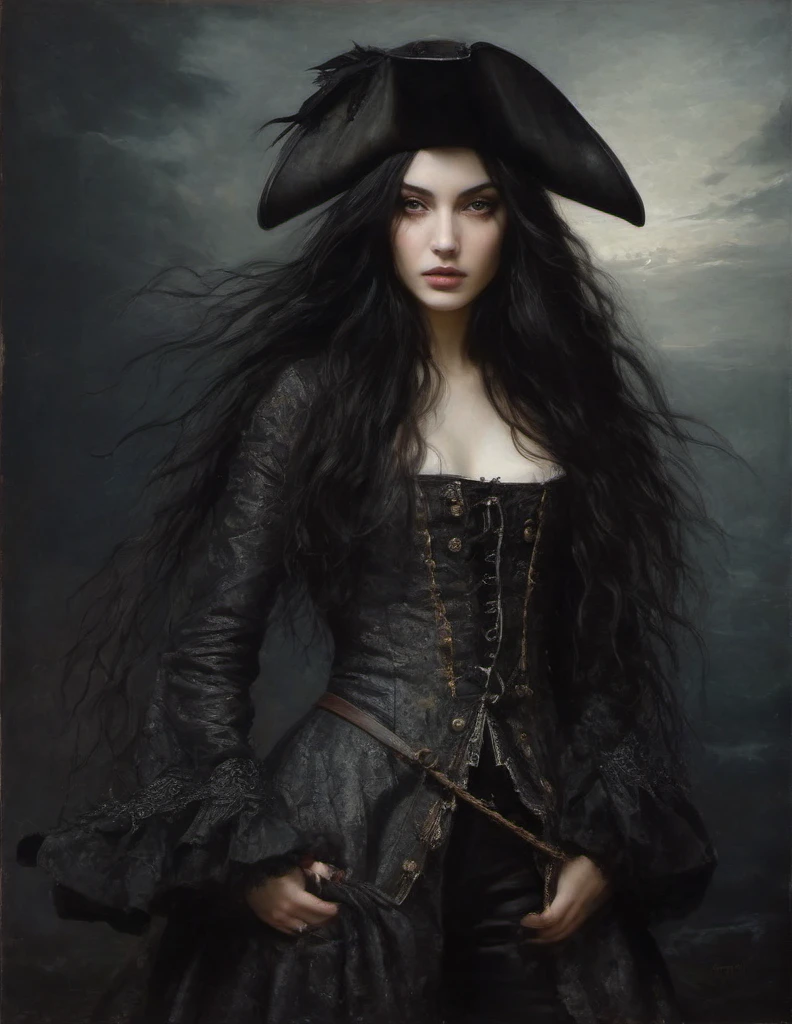 James Gurney, Surrealist art , dream-like, Mysterious, Provocative, symbolic, Complex, detailed,, (Gothic but very beautiful:1.4), (masterpiece, highest quality:1.4) , Nicola Samori Style, young girl with long black hair, gray eyes, pirate coat, corset