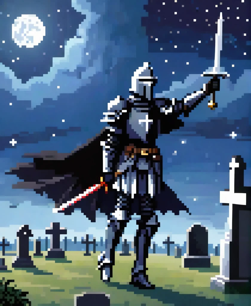 gothic black knight injured flying and raising his arm to the night sky in a cemetery
