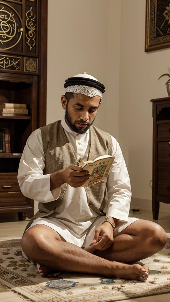 A Muslim man is sitting in a bright room filled with books and stationery. He looks solemnly reading verses from the Koran open in front of him, while holding prayer beads in his other hand. Around it there are softly burning candles and ornamental plants which add to the calm atmosphere. In the background, beautiful Arabic calligraphy paintings can be seen on the white walls. very realistic, high resolution, 8k resolution, intricate details, dramatic