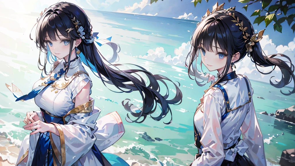 masterpiece, Highest quality, High resolution, , 8K、coastline、One Girl, Black Hair, Hair length, Black Hair, blue eyes, gem, (turn around)、Earrings, Earrings, White shirt, tie shirt, Black choker, Blue tie, White Skirt, Show smile, Laughter, Rear View. looked back. standing, Cowboy Shot, Outdoor、The wind is blowing、Hair swaying in the wind、Incredibly accurate、Very very beautiful