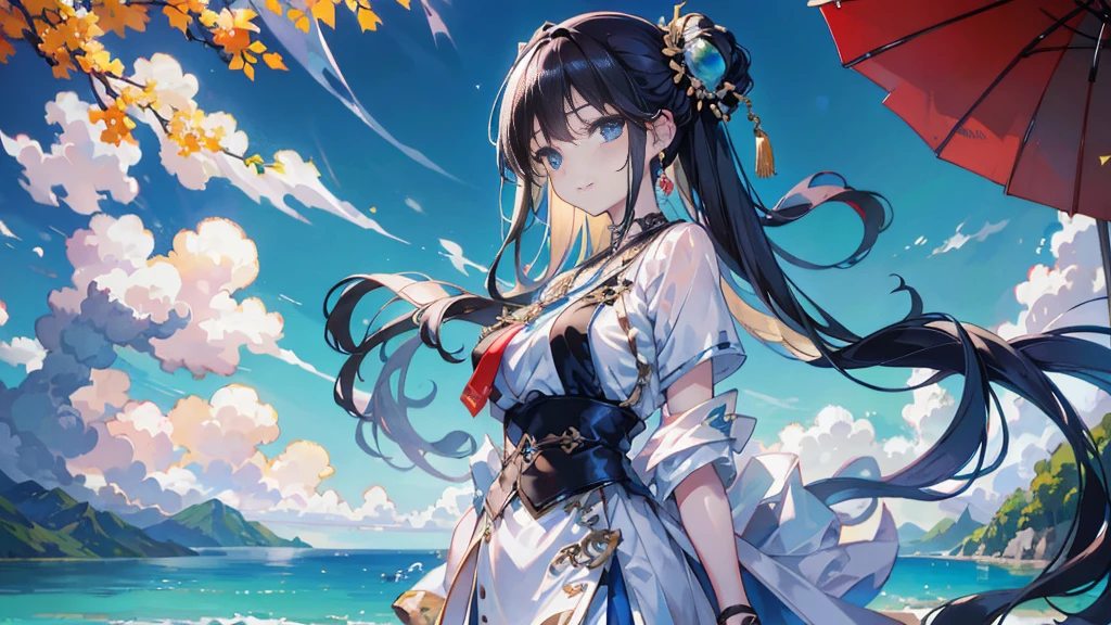 masterpiece, Highest quality, High resolution, , 8K、coastline、One Girl, Black Hair, Hair length, Black Hair, blue eyes, gem, (turn around)、Earrings, Earrings, White shirt, tie shirt, Black choker, Blue tie, White Skirt, Show smile, Laughter, Rear View. looked back. standing, Cowboy Shot, Outdoor、The wind is blowing、Hair swaying in the wind、Incredibly accurate、Very very beautiful