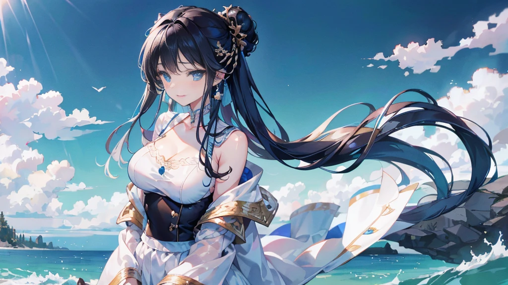 masterpiece, Highest quality, High resolution, , 8K、coastline、One Girl, Black Hair, Hair length, Black Hair, blue eyes, gem, (turn around)、Earrings, Earrings, White shirt, tie shirt, Black choker, Blue tie, White Skirt, Show smile, Laughter, Rear View. looked back. standing, Cowboy Shot, Outdoor、The wind is blowing、Hair swaying in the wind、Incredibly accurate、Very very beautiful