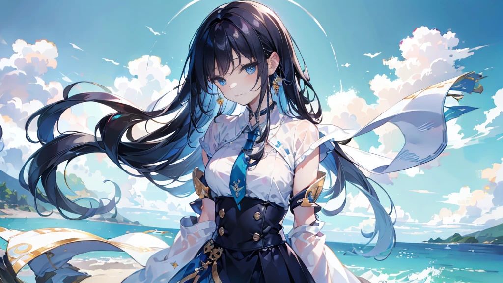 masterpiece, Highest quality, High resolution, , 8K、coastline、One Girl, Black Hair, Hair length, Black Hair, blue eyes, gem, (turn around)、Earrings, Earrings, White shirt, tie shirt, Black choker, Blue tie, White Skirt, Show smile, Laughter, Rear View. looked back. standing, Cowboy Shot, Outdoor、The wind is blowing、Hair swaying in the wind、Incredibly accurate、Very very beautiful