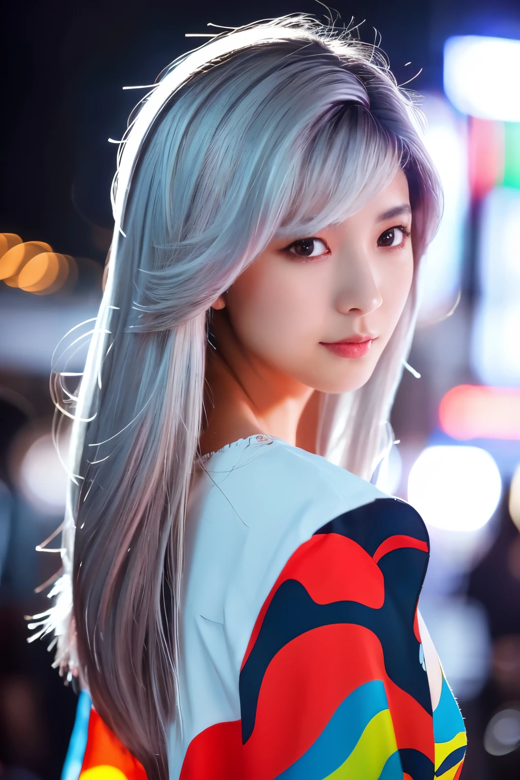 Masterpiece, high quality, high resolution, 8K, (solo:1.2), ((1girl)), Japanese woman, detailed face, detailed eyes, correct body structure, upper body, ((White hair:1.2)), very long hair, messy hair, slender body, seductive silhouette, luminous bones, depth of field, dark photo at nighttime, dimly lit, bangs, Cinematic Lighting, Tyndall effect, abstract background, futuristic outfits, vibrant colors, modern style, wide sleeves, artistic, unique patterns, colorful, stylish, trendy