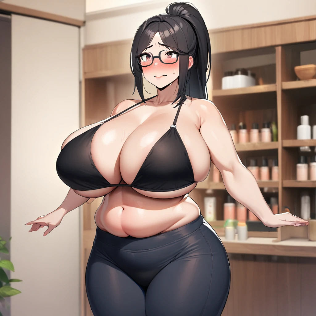 1girl,solo,Mature Woman,married woman,Black Hair,long pony hair,Glasses,mother,nervous,disgrace,blush,Super huge breasts,plump,Big thighs,pubic hair,only bikini,Wearing nothing but a bikini,Are standing,Looking at this,Inclusive,Massage salon background